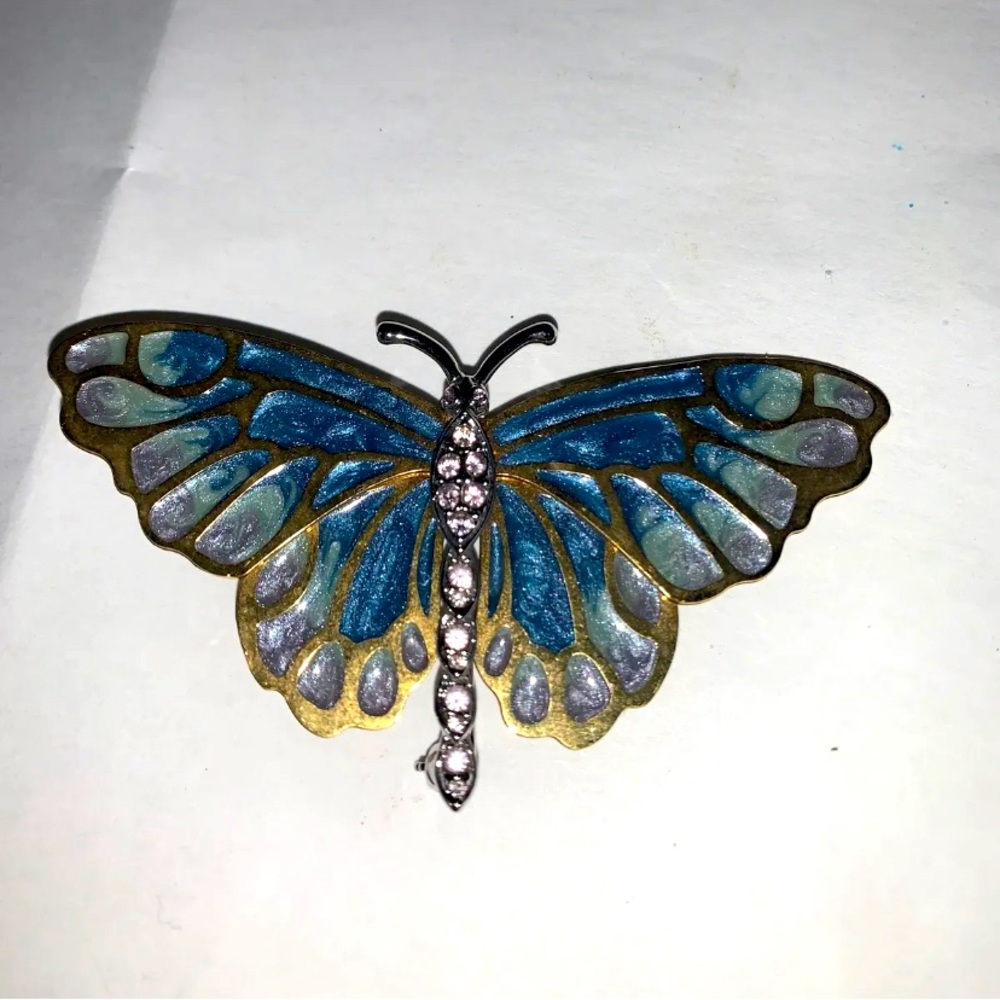 KJL Plique-a-Jour Butterfly Pin Brooch w/ Crystal Enamel Kenneth J. Lane Marked